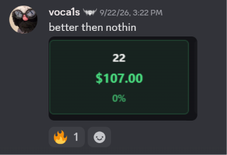Discord community screenshot showing +$107 trading result