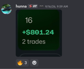 Discord community screenshot showing +$801.24 trading result