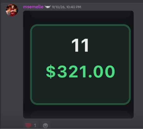 Discord community screenshot showing +$321 trading result