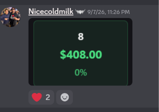 Discord community screenshot showing +$408 trading result