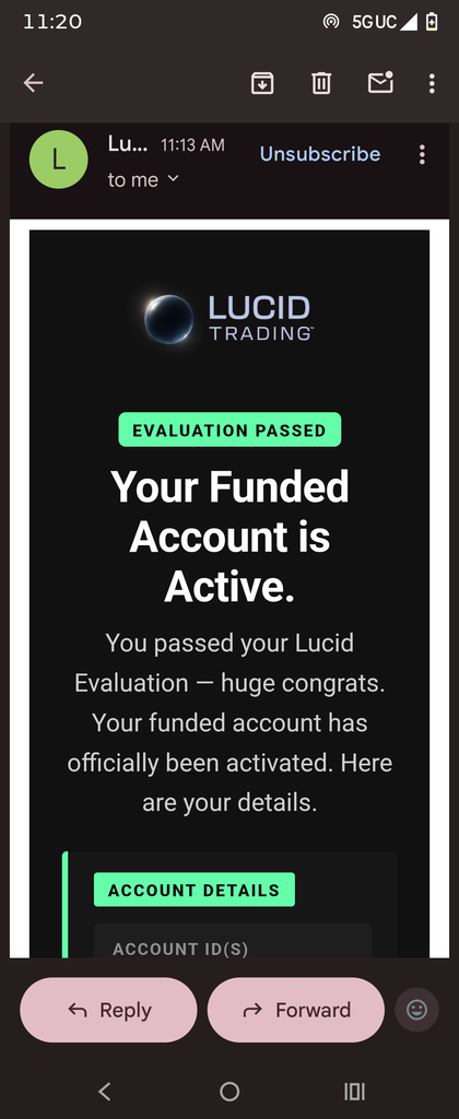 Lucid Trading email confirmation showing evaluation passed and funded account activated