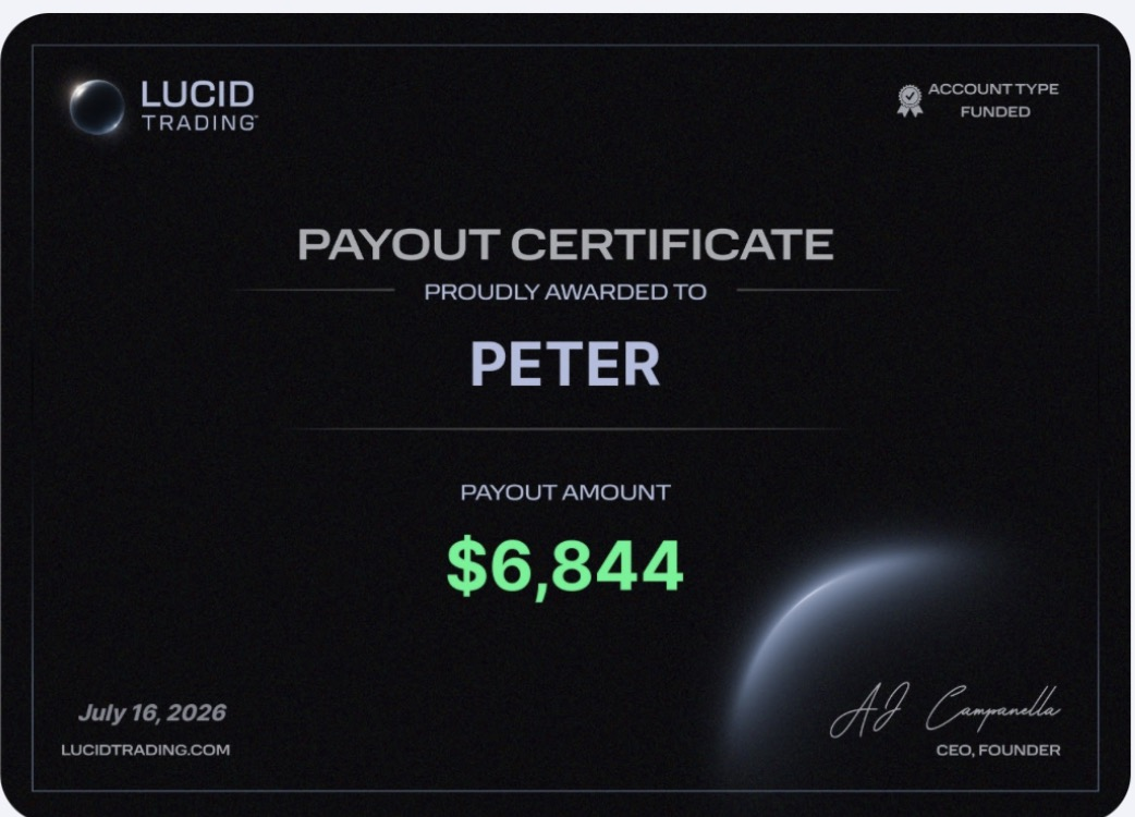 Lucid Trading payout certificate for Peter showing $6,844